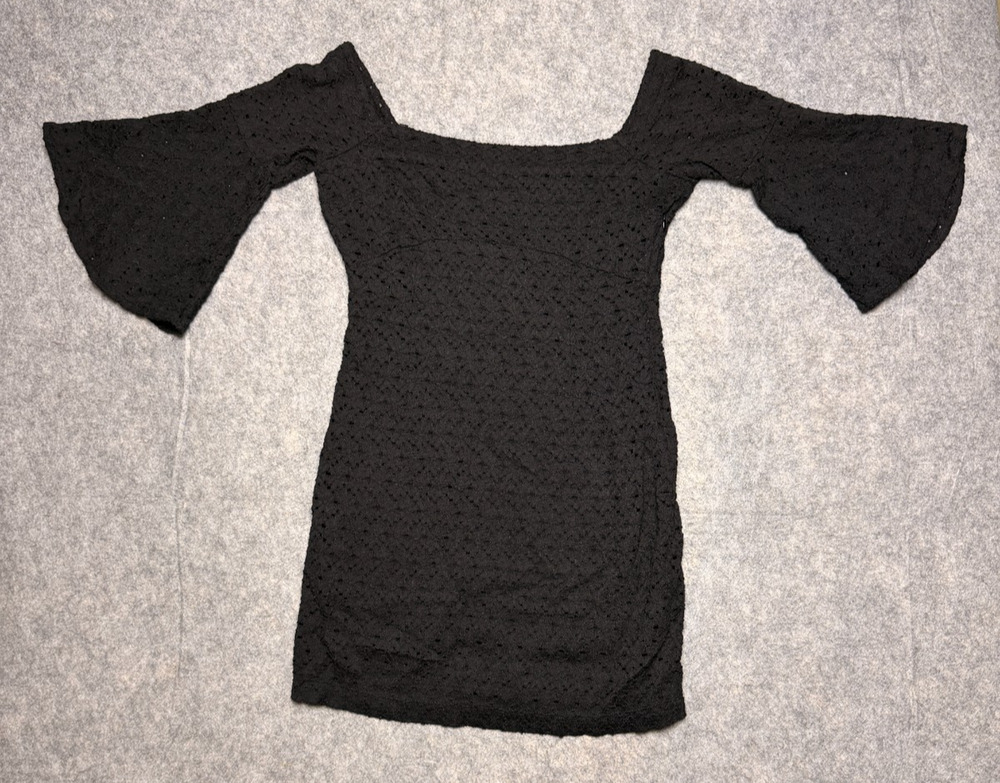 Free People Dress Mini Eyelet Black Lace L/XL Boho Bell Sleeve Crew Fitted